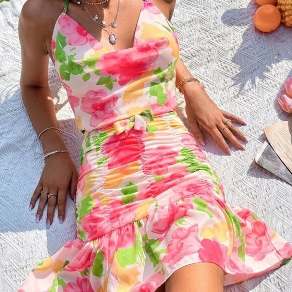 Floral Ruched Belted Halter Dress - Picture 6 of 6
